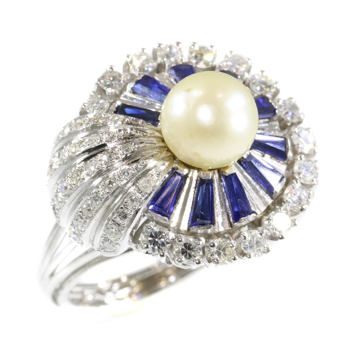Vintage platinum diamond sapphire and pearl cocktail ring
